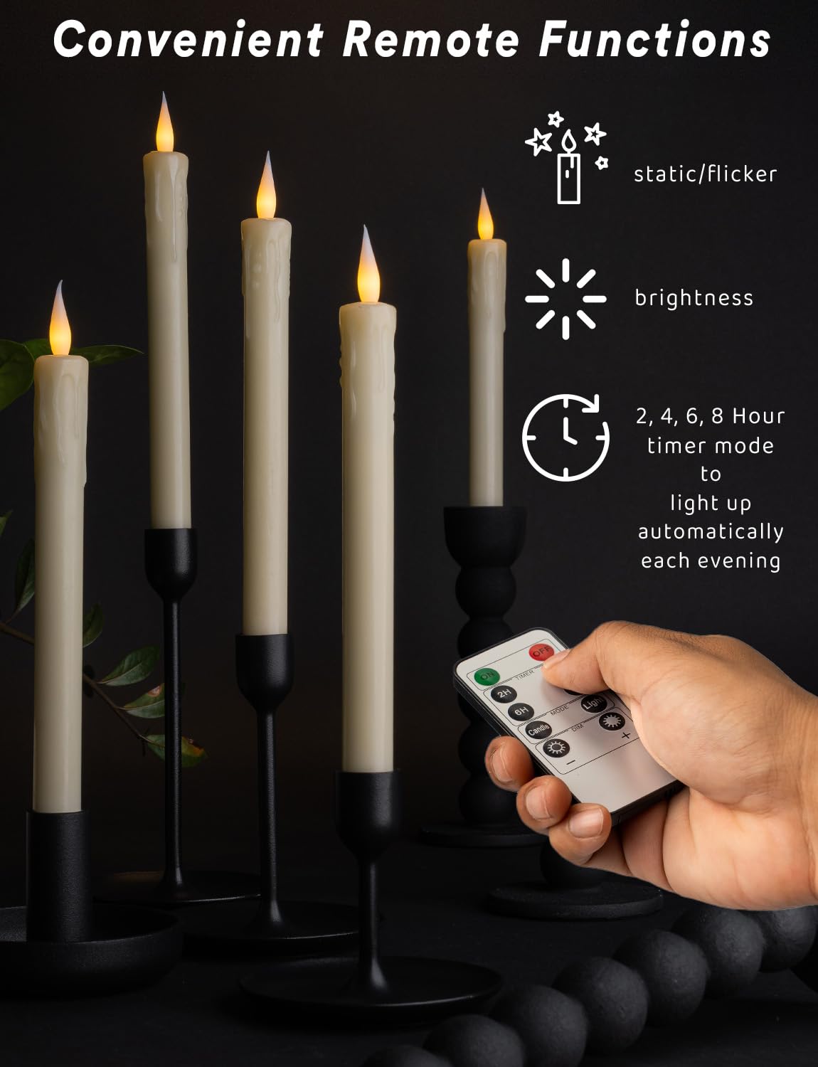 WYZworks 24 Pack, 10" LED Flameless Ivory Real Wax Drip Taper Pillar Candles w/Remote Controller, On/Off Button, Dimmable, Flicker/Static Mode, Battery Operated, Christmas Menorah Home Wedding Décor