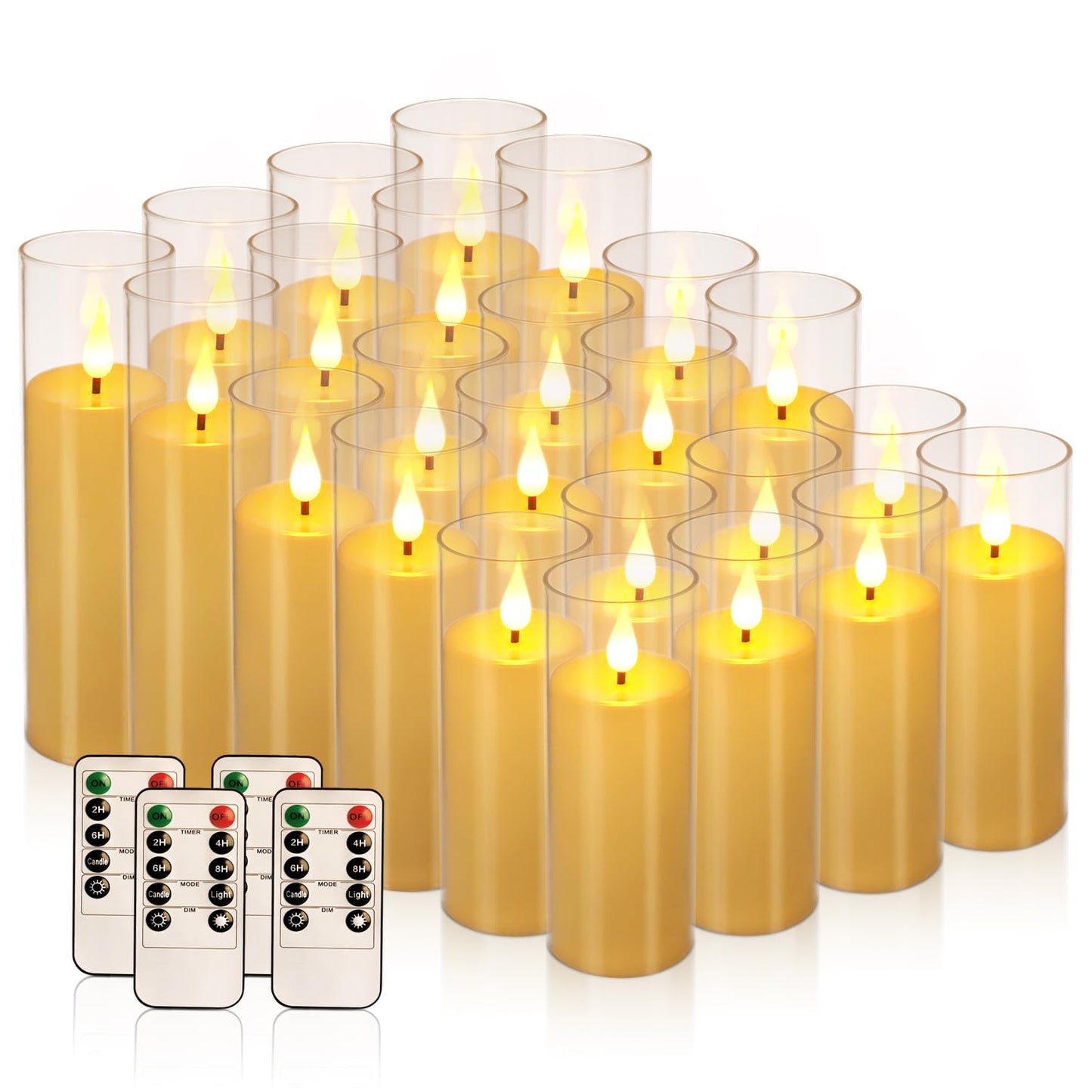 CAKETYCG 24-Pack LED Flameless Candles(14/16/18cm) with 4 Timers Remote - 3D Flickering Flame, Clear, Perfect Decor for Home & Events.