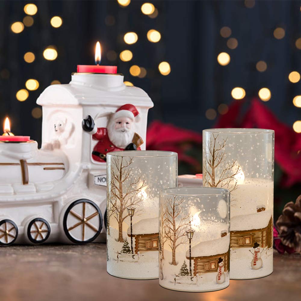 Lasumora Snowman Glass Flameless Candles with Remote Timer, Real Wax LED Pillar Candles Flickering, Battery Operated 3D Wick Candles for Home Décor Christmas Gifts (Pack of 3, D3” x H 4” 5” 6”)