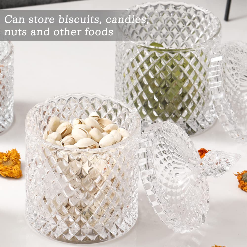 FHDUSRYO 2Pcs Crystal Jar with Lid, Glass Sugar Bowl Decorative Candy Jars, Diamond Candy Dish, Crystal Cookie Tin Biscuit Barrel, Buffet Container, Qtip Holder for Home (10+24oz, Clear)