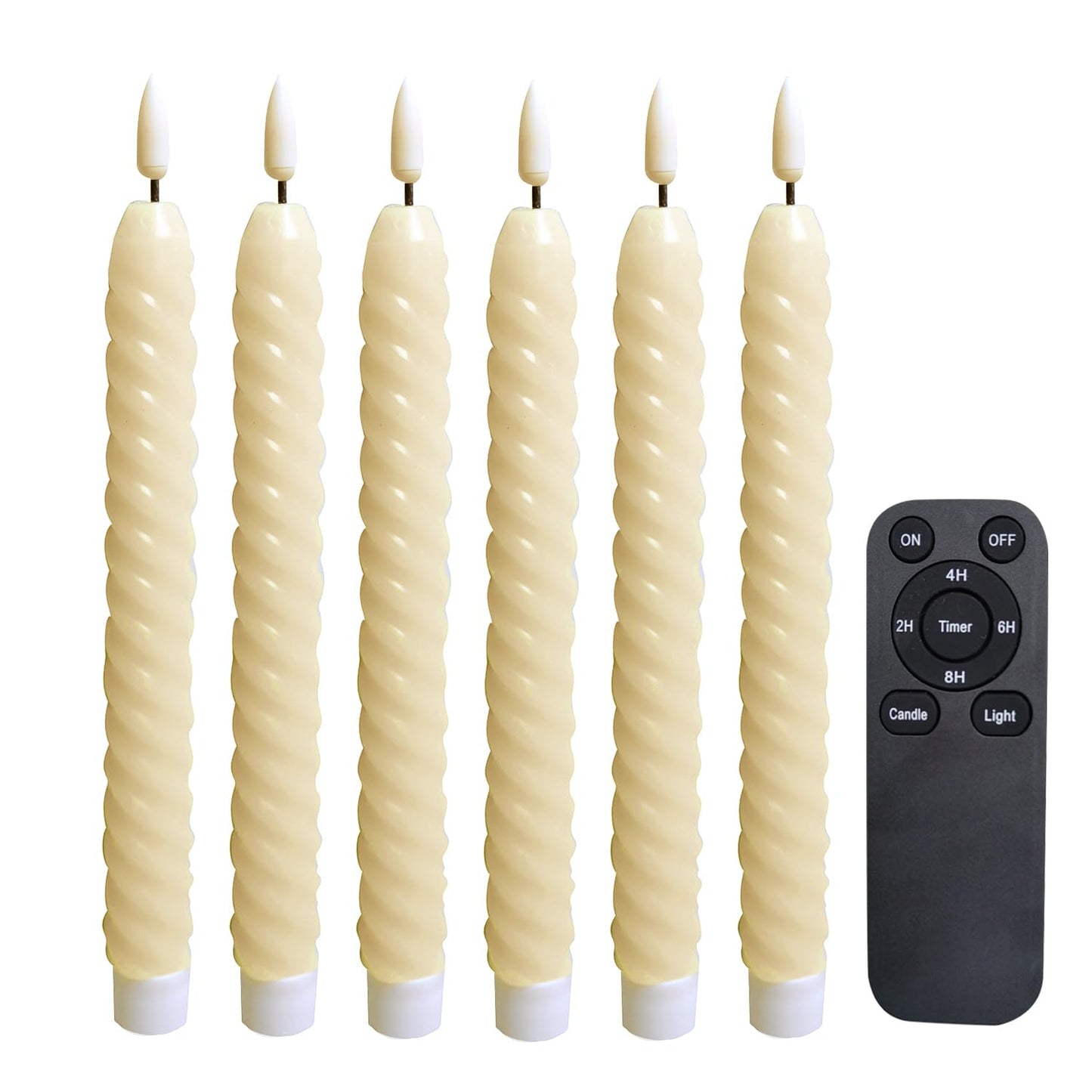 CANDLE CHOICE Real Wax Flameless Spiral Taper Candles with Remote Timer 9.6” Tall Long Flicking Twisted Battery Operated LED Window Stick Candles for Wedding Halloween Christmas Decoration 6 PCS Ivory