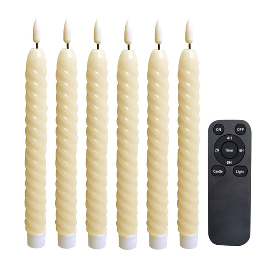 CANDLE CHOICE Real Wax Flameless Spiral Taper Candles with Remote Timer 9.6” Tall Long Flicking Twisted Battery Operated LED Window Stick Candles for Wedding Halloween Christmas Decoration 6 PCS Ivory