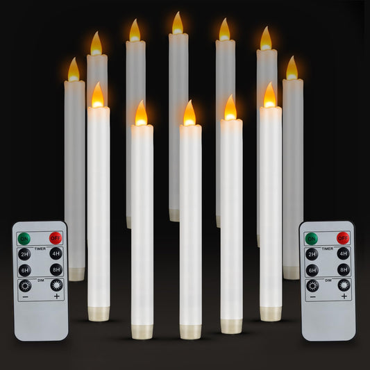 wemarry Flameless Taper Candles 10" Dripless Battery Operated Taper Candles Included Remote Timer 400+ Hours by 2AA Batteries for Halloween Christmas Wedding (White, 12 Pack)
