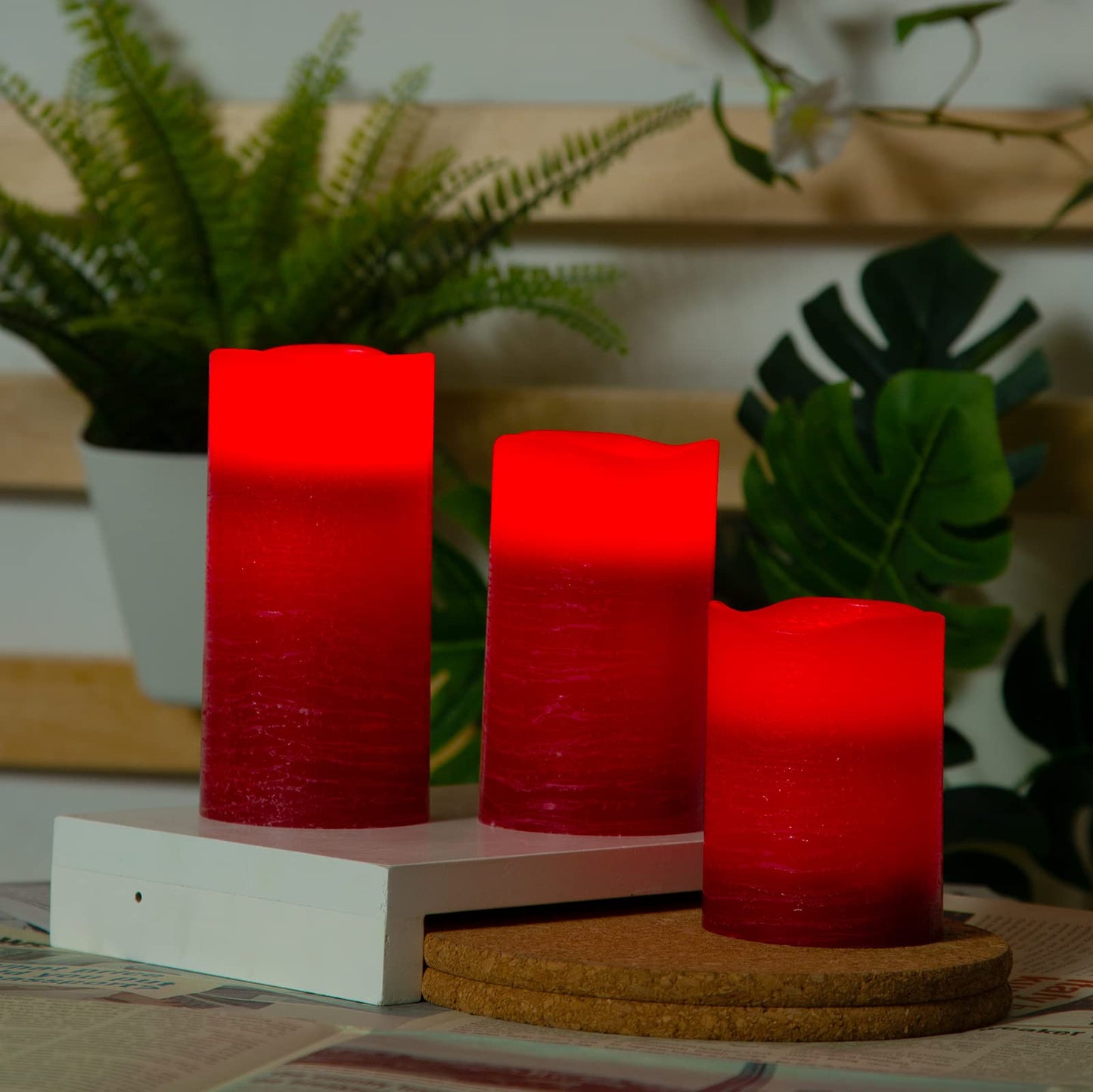 H-BLOSSOM Red Flameless Candles Real Wax LED Pillar Candles Battery Operated with Cycling 5H Timer Set of 3 (3" x 4"/5"/6") (Red)