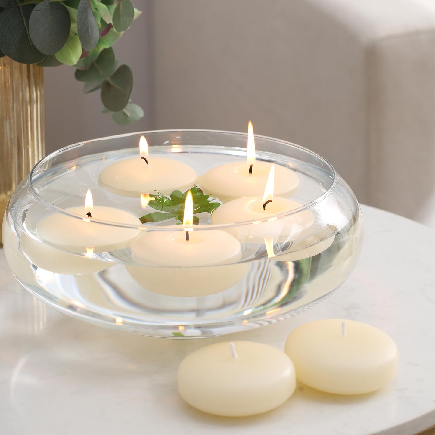 qinxiang 24 Pack Floating Candles, 3” Ivory Unscented Dripless Wax Burning Candles, for Cylinder Vases, Weddings, Party and Holiday …