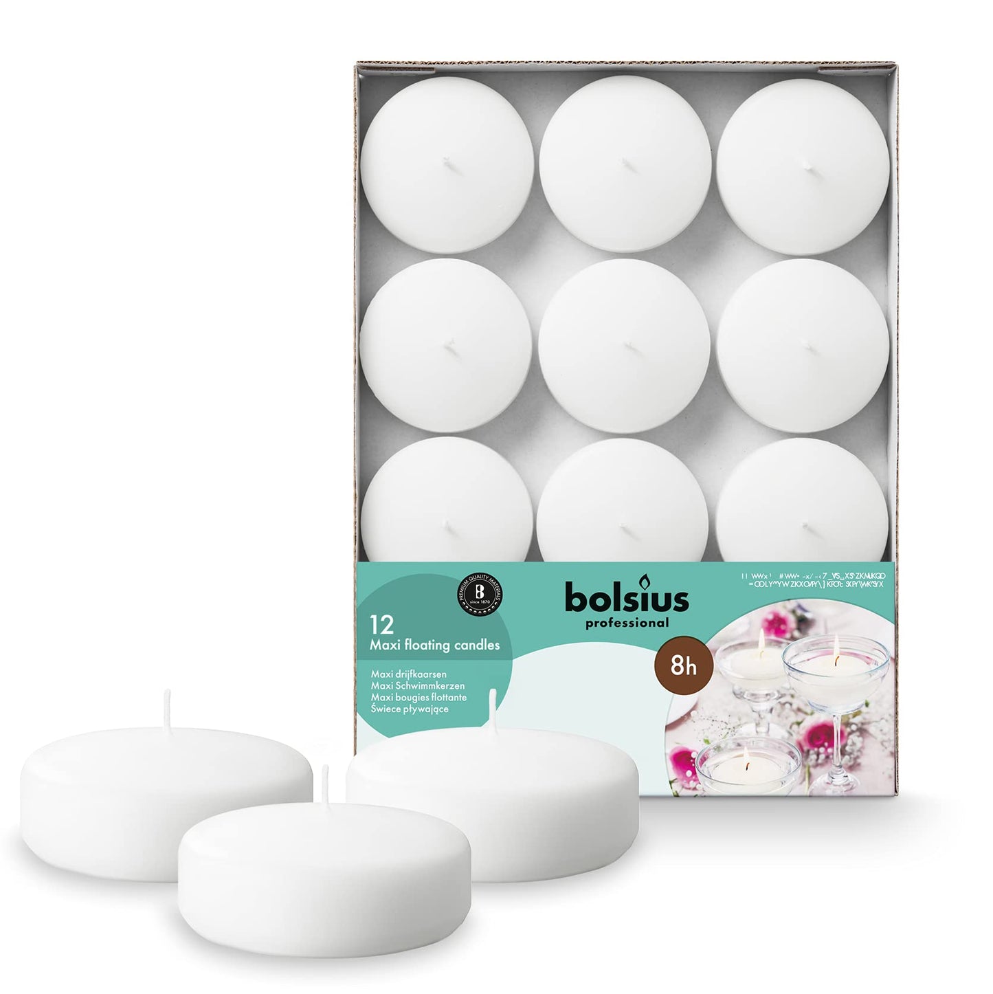 BOLSIUS White Floating Candles 3 Inch - Set Of 12 Maxi Candles - 8 Hour Clean Burning - Palm Oil Free - 0% Animal Fat - Premium European Quality