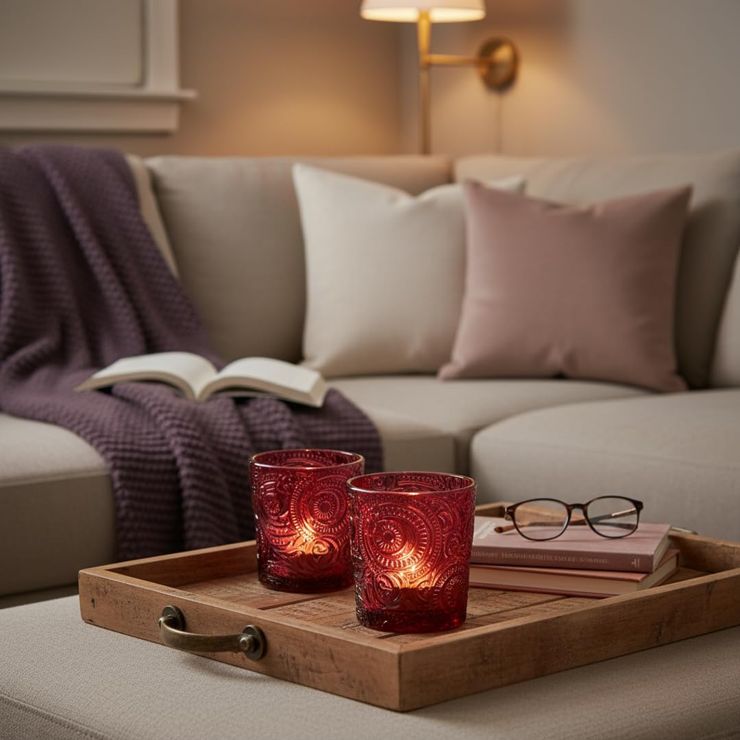 6 Pack Patented Sun Moon Star Embossed Glass Tea Light Candle Holders - Unique Votive Candle Holders for Wedding, Party, and Table Centerpieces (Wildberry Red)