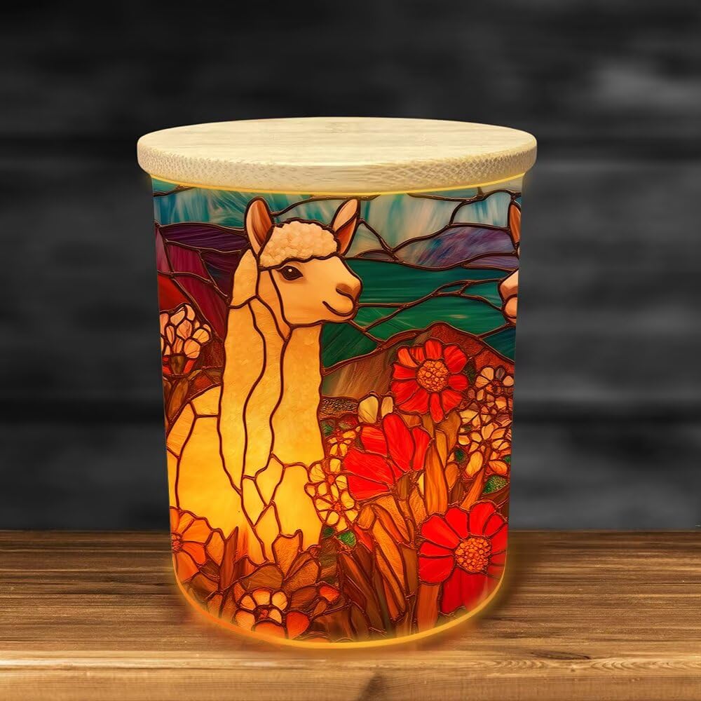 Stained Glass Alpaca Tea Light Candle Holders, Country Wilflowers Tealight Candle Holder Jar with Wooden Lid, Votive Candlesticks for Table Centerpieces, Christmas,Birthday Party,Home Decor