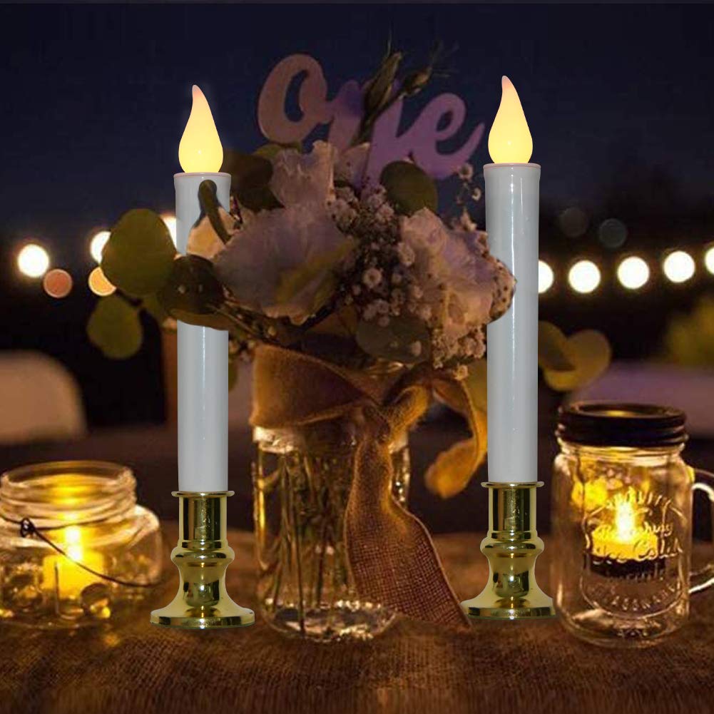 GOOTHY Christmas Window Candles Lights, Automatic Timer LED Flickering Candle Lights with Gold Base (6/18 Hour Timer), 9'' LED Battery Operated Candles for Indoor Table Party Decor- Set of 4