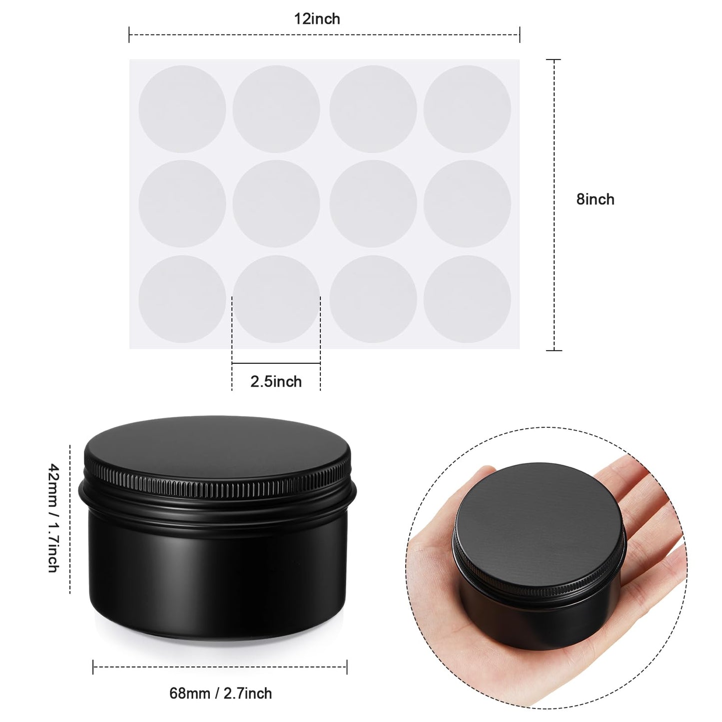 Patelai 36 Pcs 4 oz Metal Round Tins Aluminum Tin Cans Salve Tins Containers with Screw Lid 10 Sheets Stickers for Salve Spice Candies Balms Candles (Black)