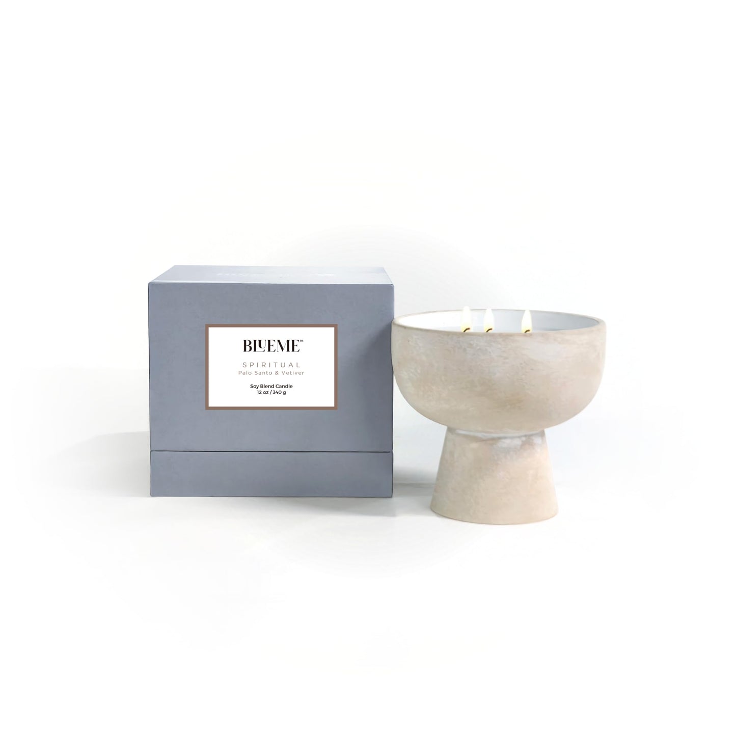 Blueme Spiritual Candle | Palo Santo & Vetiver | 3 Wick - Refillable Wellness Candle with Essential Oils, Hand Finished & Poured Soy Wax Blend Ceramic Vessel, Natural Cotton Wicks | Medium 12 oz