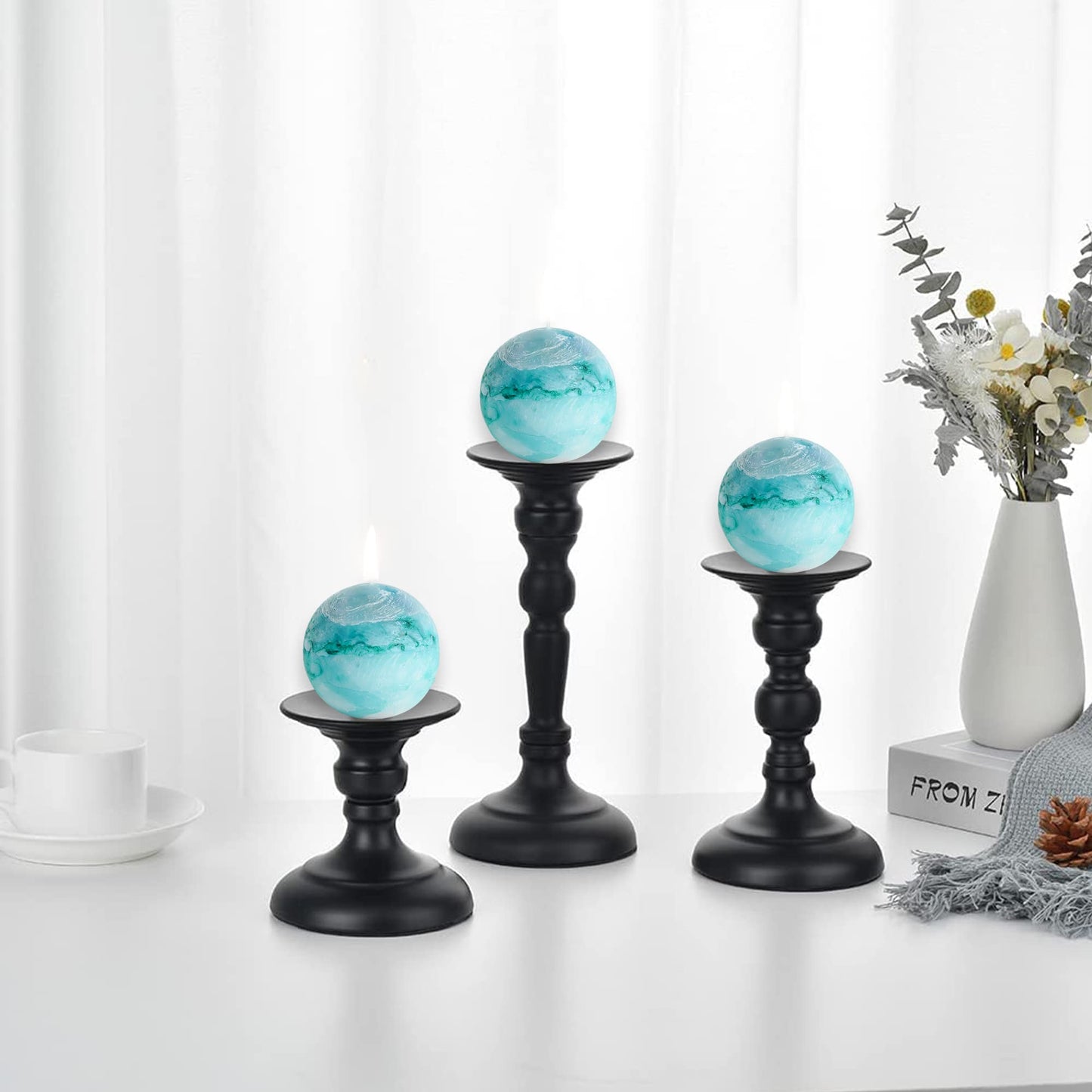 LPUSA Tie-dye Turquoise Rustic Ball Pillar Candles - 3 Inch Unscented Round Candles for Wedding Decoration and Home Decor - Set of 3 Paraffin Sphere Candles