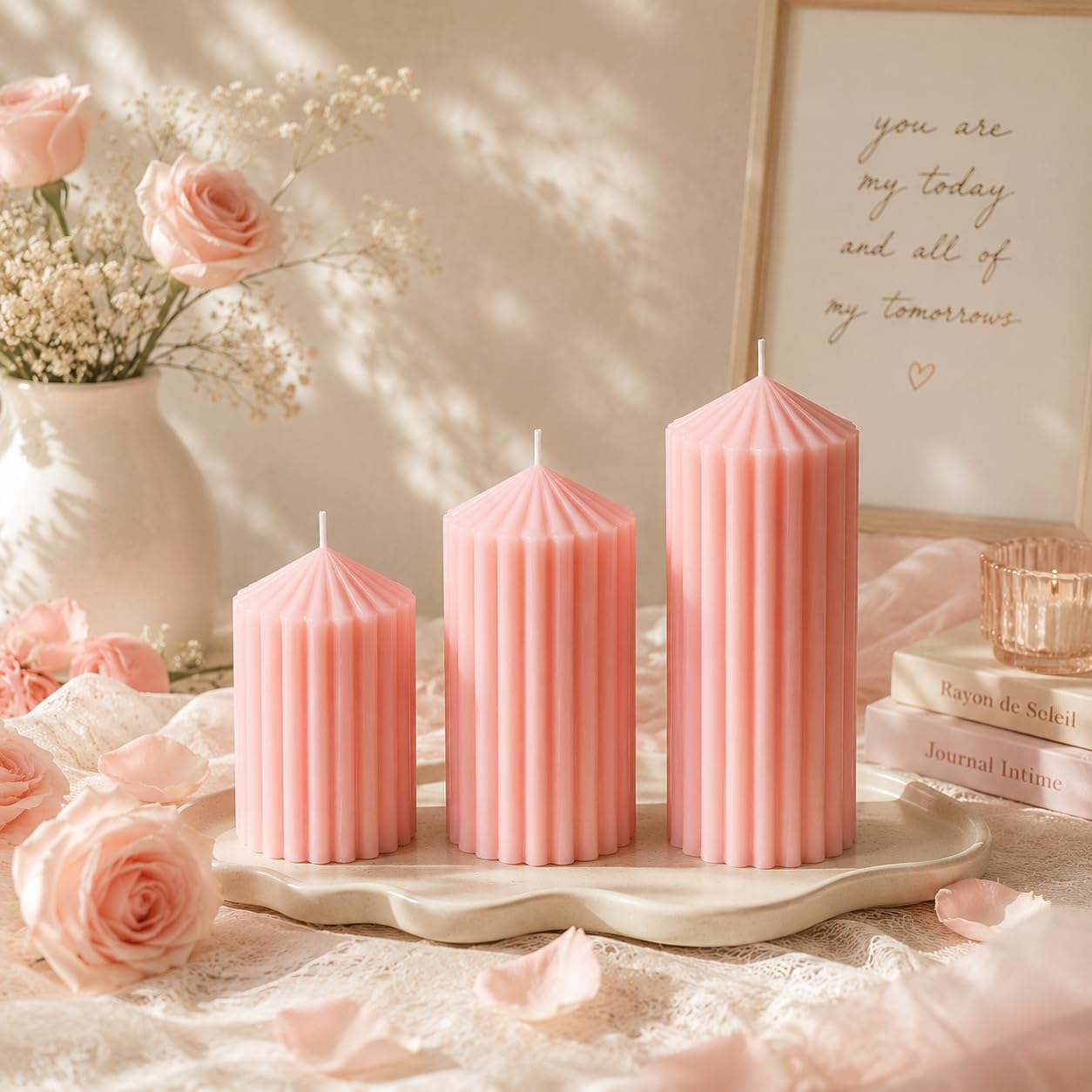 3 Pack Pink Ribbed Pillar Candles - Soy Wax Unscented Candles, 2.76x4.2/4.9/5.9 Inch Smokeless Non Toxic Cotton Wick, Perfect Spring Pillar Candles for Home Decor, Bathroom, Spa & Wedding
