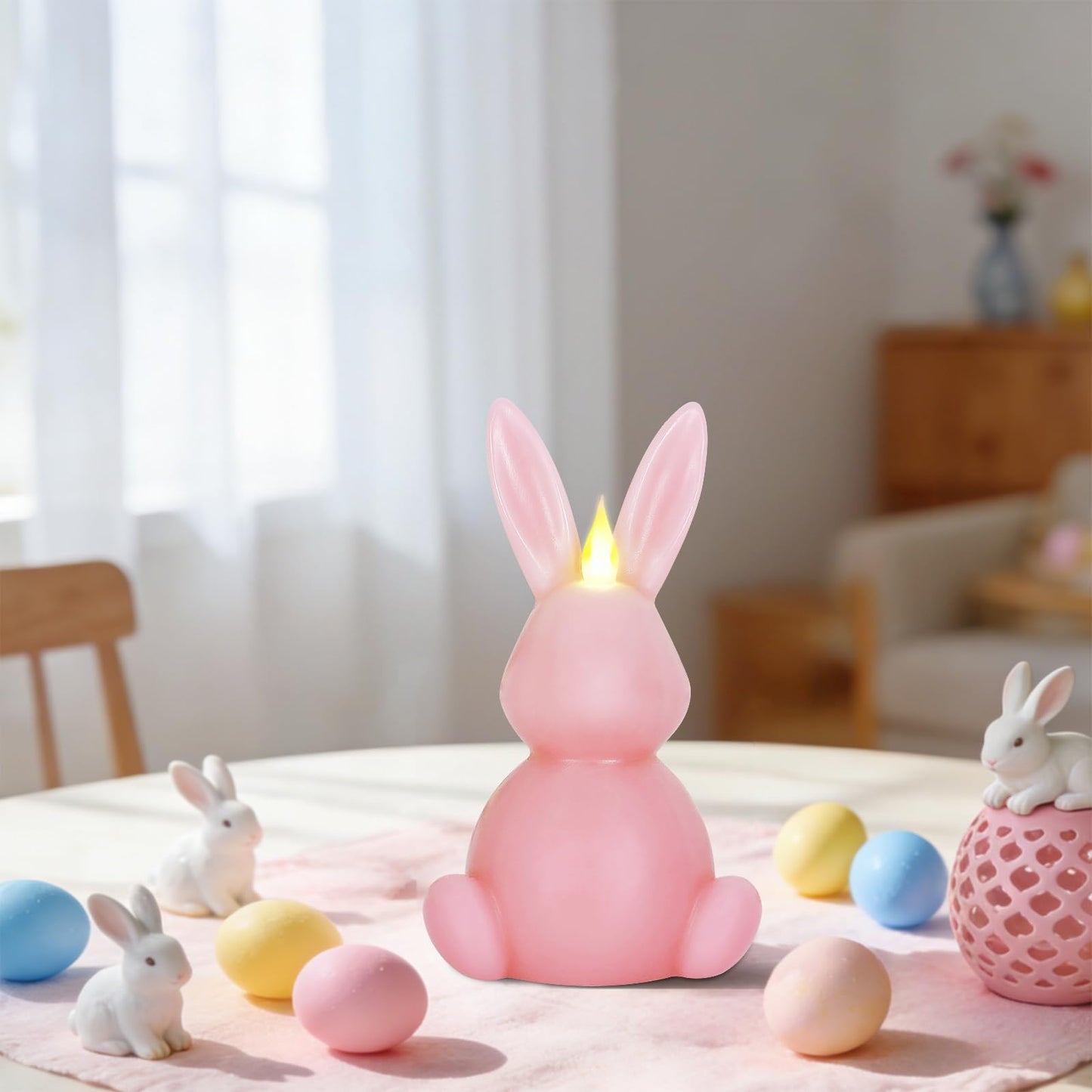 Leorate Pink Easter Bunny Flameless Candles, Real Wax Carved LED Candle Battery Operated, Scented Bunny Shape Easter Decorations Set for Home Living Room Bedroom Party Centerpiece Table Home Decor