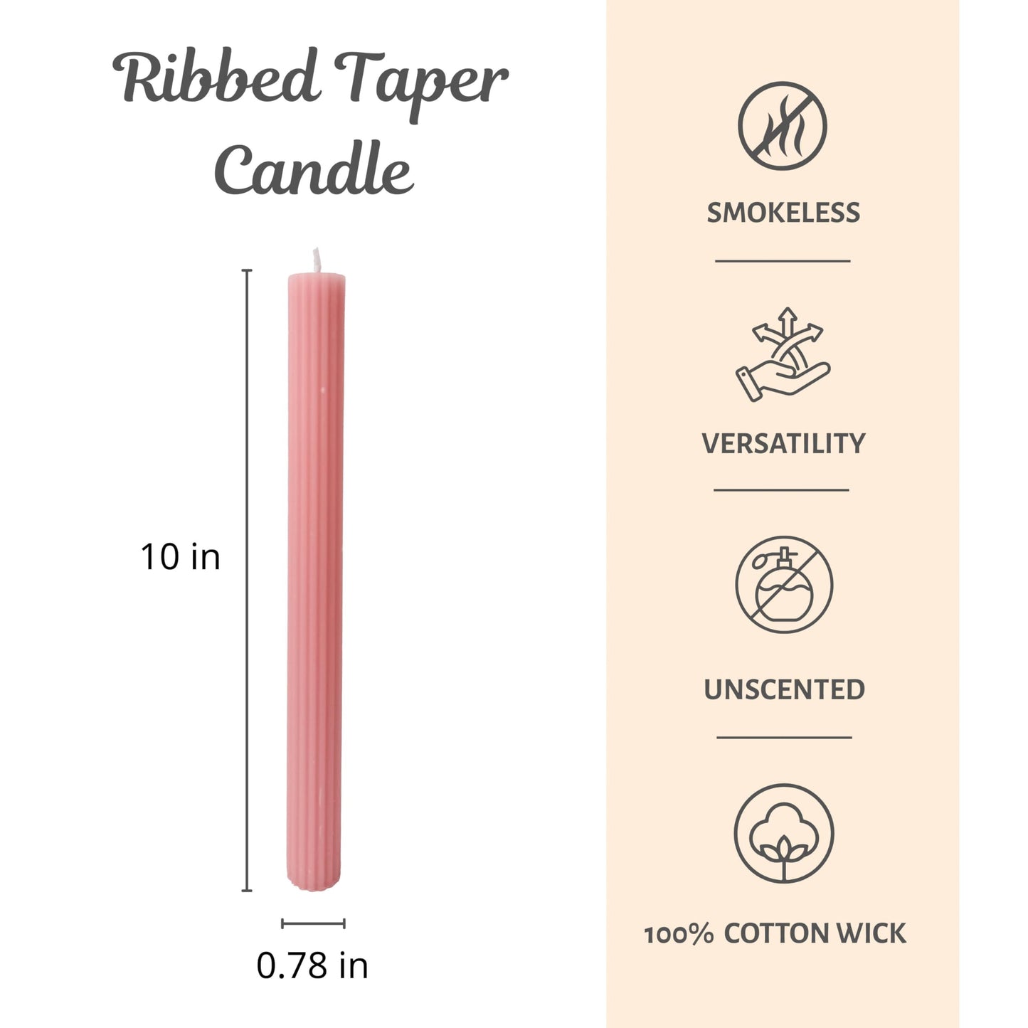 Ribbed Taper Candles 10 Inch 10 Pack Light Pink – CW Studio Unscented 11 Hour Burn, Dripless Smokeless Fluted Candlesticks for Wedding Centerpieces, Romantic Dinners & Home Decor