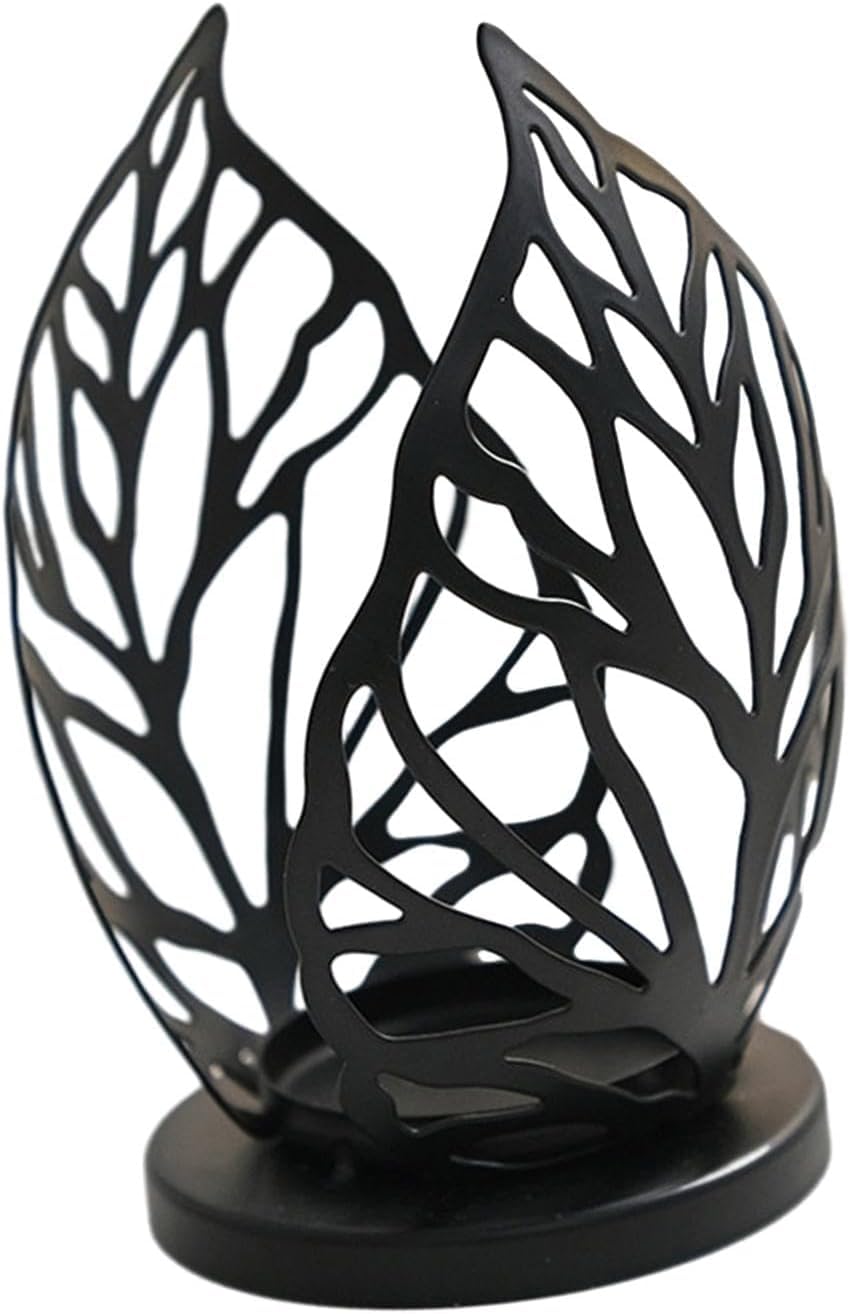 Metal Candlestick Holder Hollow Candle Stand Decorative Candle Stand Leaf Tealight Candle Holder Iron Candleholder for Wedding Living Room Home Party Table Decoration - Black