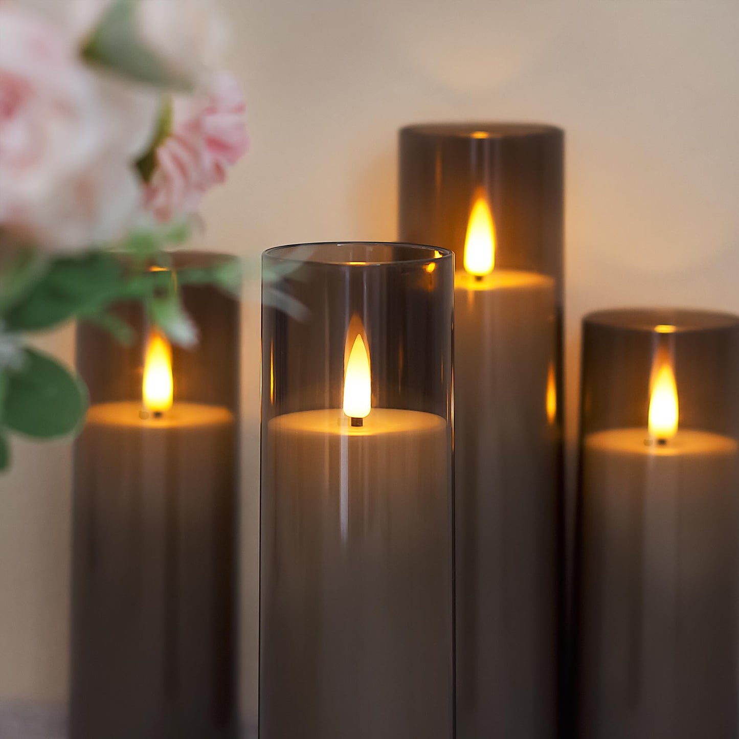 Yeelida Acrylic Flameless Flickering Candles with Remote Control and Timer, Battery Operated LED Fake 2.2" x 5",6",7",8",8" Plastic Pillar Candles for Home Decor(Long-Lasting, Grey)