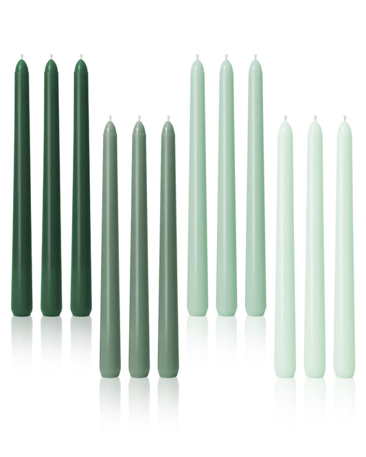 Viyffo 10-Inch Tall Dripless Taper Candles 12 Pack - Tapered Candlesticks - Smokeless, Unscented, Long Burning - Hand Poured, Colored for Home Decor Wedding, Dinner - Green