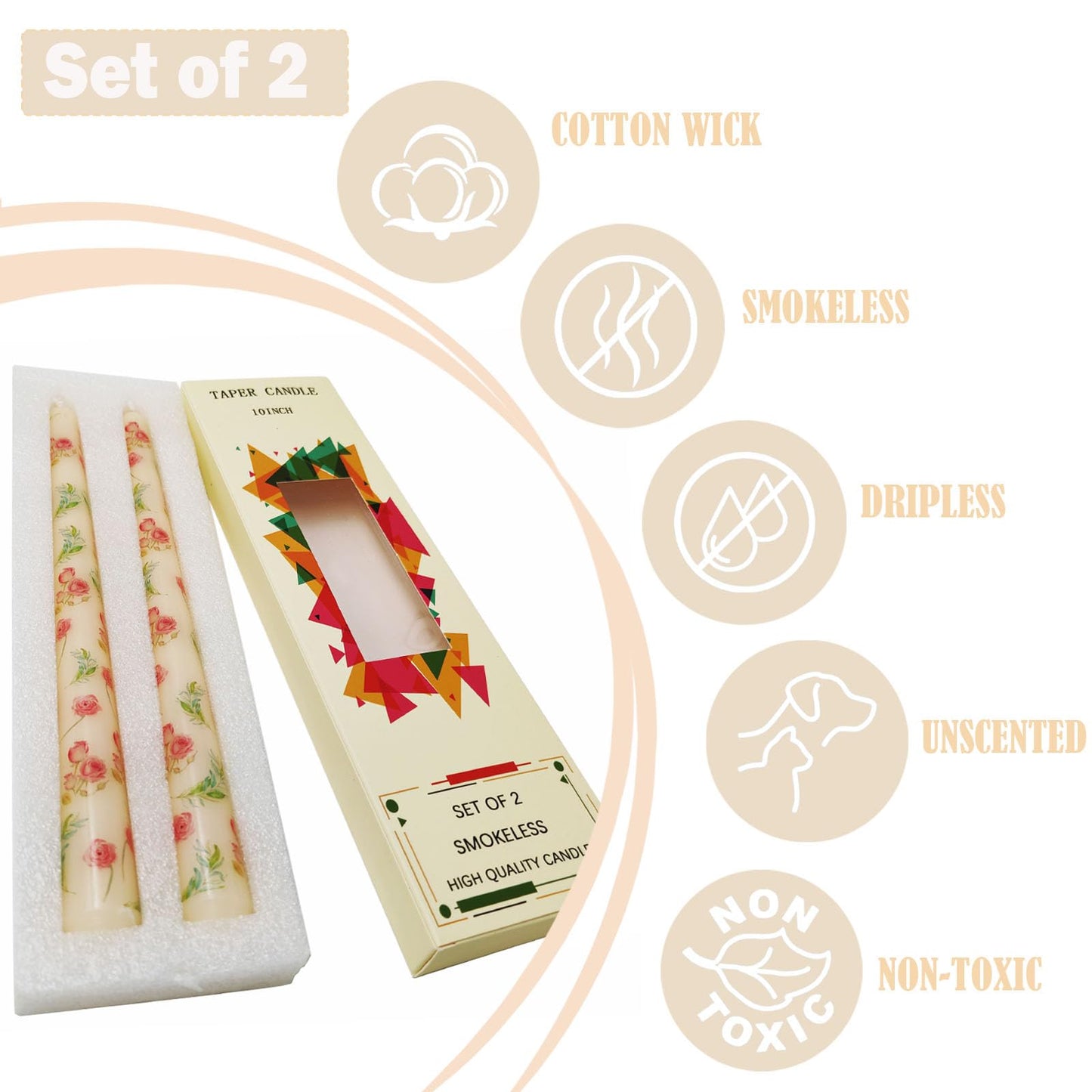 10 Inch Rose Printed Ivory Taper Candles, 2 Pack Smokeless Dripless Candles, Unscented Long Burning for Mother's Day, Wedding Dinner Party, Home Decor
