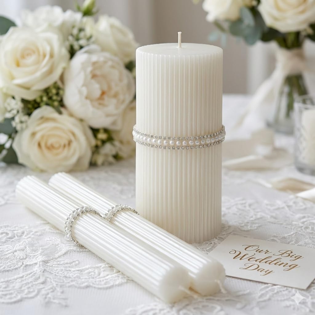 Magik Life Unity Candle Set - Wedding Ceremony & Reception – 6” Pillar & Two 10” Taper Candles – Long Burning Unity Candles for Marriage Ritual & Home Decor– Handmade in USA – King|White
