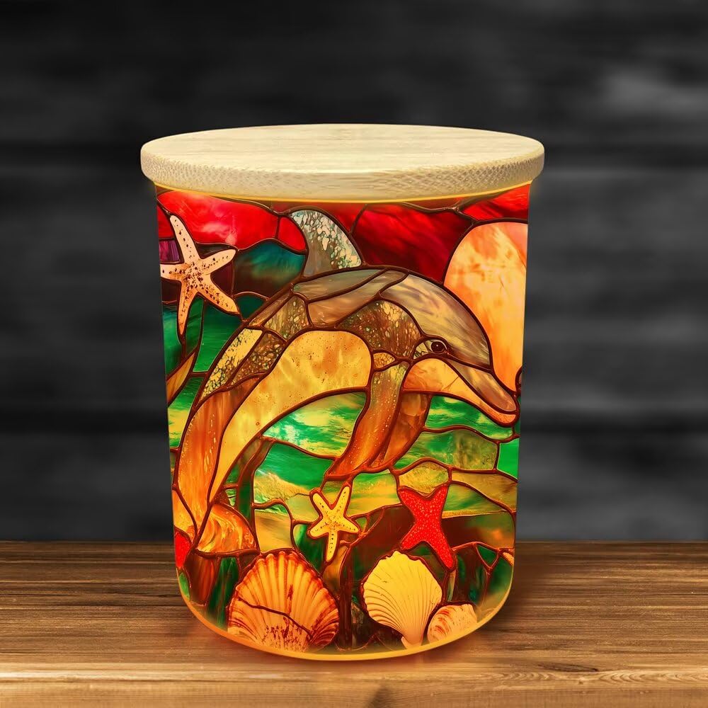 Stained Glass Dolphins Tea Light Candle Holders, Starfishes Tealight Candle Holder Jar with Wooden Lid, Ocean Votive Candlesticks for Table Centerpieces, Christmas,Birthday Party,Home Decor