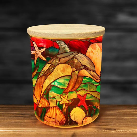 Stained Glass Dolphins Tea Light Candle Holders, Starfishes Tealight Candle Holder Jar with Wooden Lid, Ocean Votive Candlesticks for Table Centerpieces, Christmas,Birthday Party,Home Decor