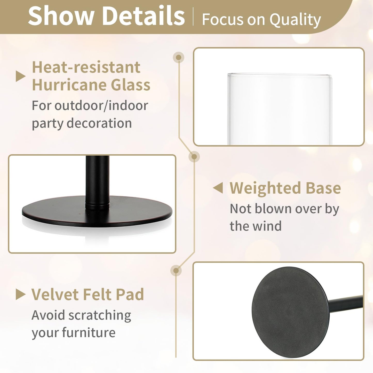 NUPTIO Black Candlestick Holders for Centerpiece: Set of 3 Hurricane Taper Holder with Windproof Glass Cover Long Stem Cylinder Metal Candle Sticks Stands for Halloween Christmas Table Decoration