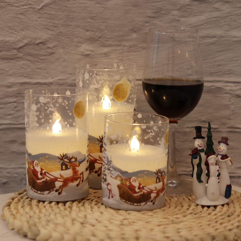 Wondise Santa Claus Glass Flameless Candles Remote and Timer, Battery Operated Real Wax LED Flickering Pillar Candles White Cold Light Window Christmas Holiday Decor D3 x H4, 5", 6"