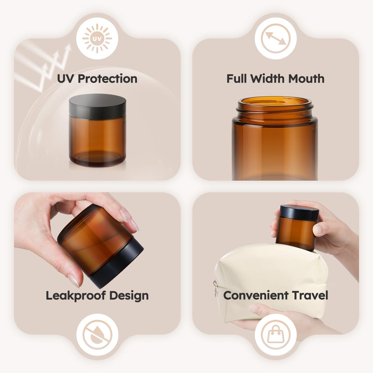 4 oz Glass Jars with Lids, 24 Pack Amber Small Glass Jars with Black Lids Leakproof Round Airtight Empty Cosmetic Travel Containers with Inner Liners For Lotions Powders and Candle Making
