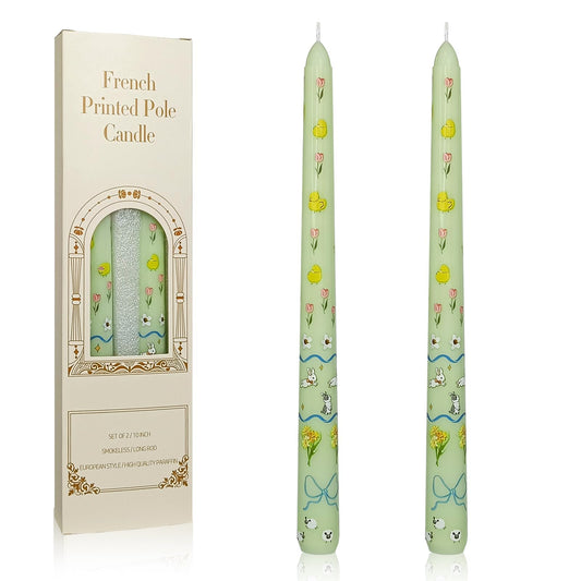 Floral Taper Candles 10 Inch Tall Unscented Handmade Light Green Rabbit Print Long Burning Elegant Candlesticks for Wedding Dinner Home Decor