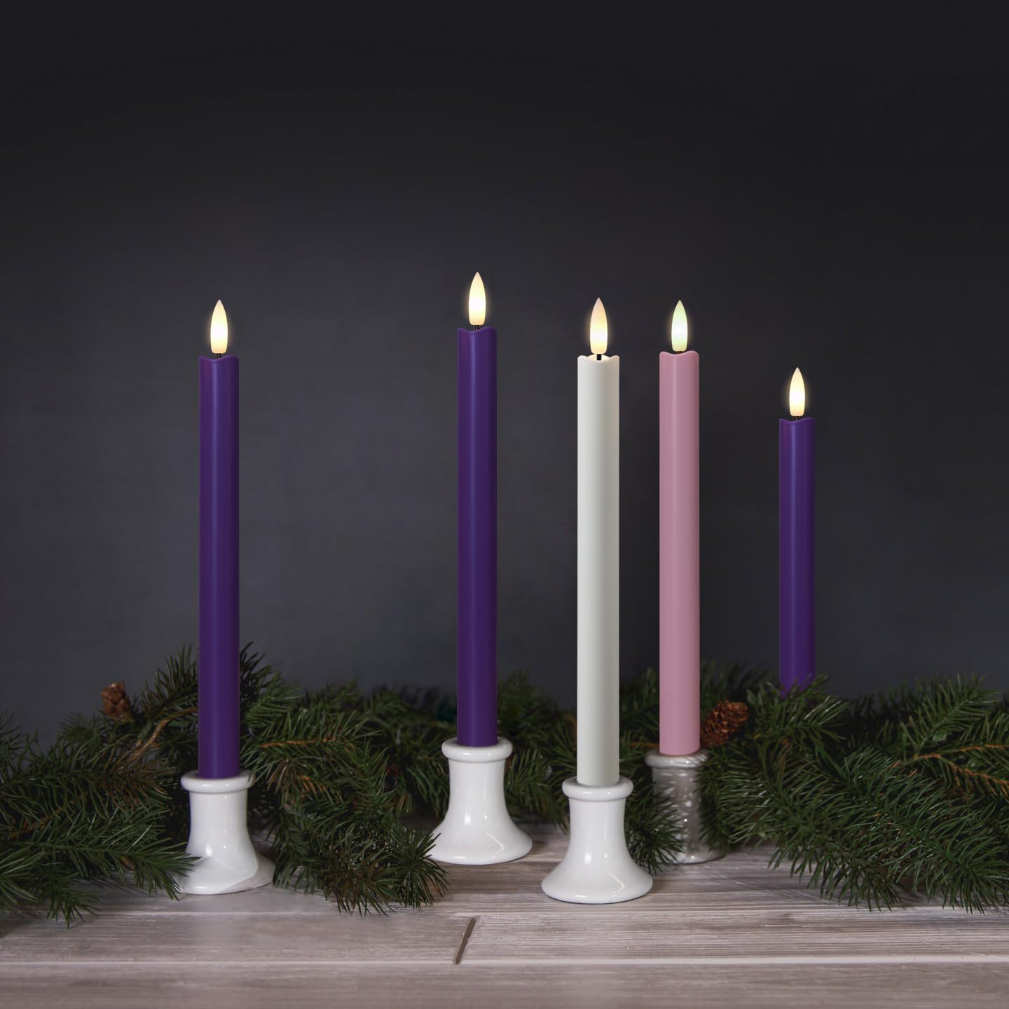 Stmarry Flameless Advent Candles, Set of 5 - Flickering LED Flame, 10 Inch Taper Candlesticks, Remote Controlled - 3 Purple, 1 Pink, 1 White for Christmas Wreath