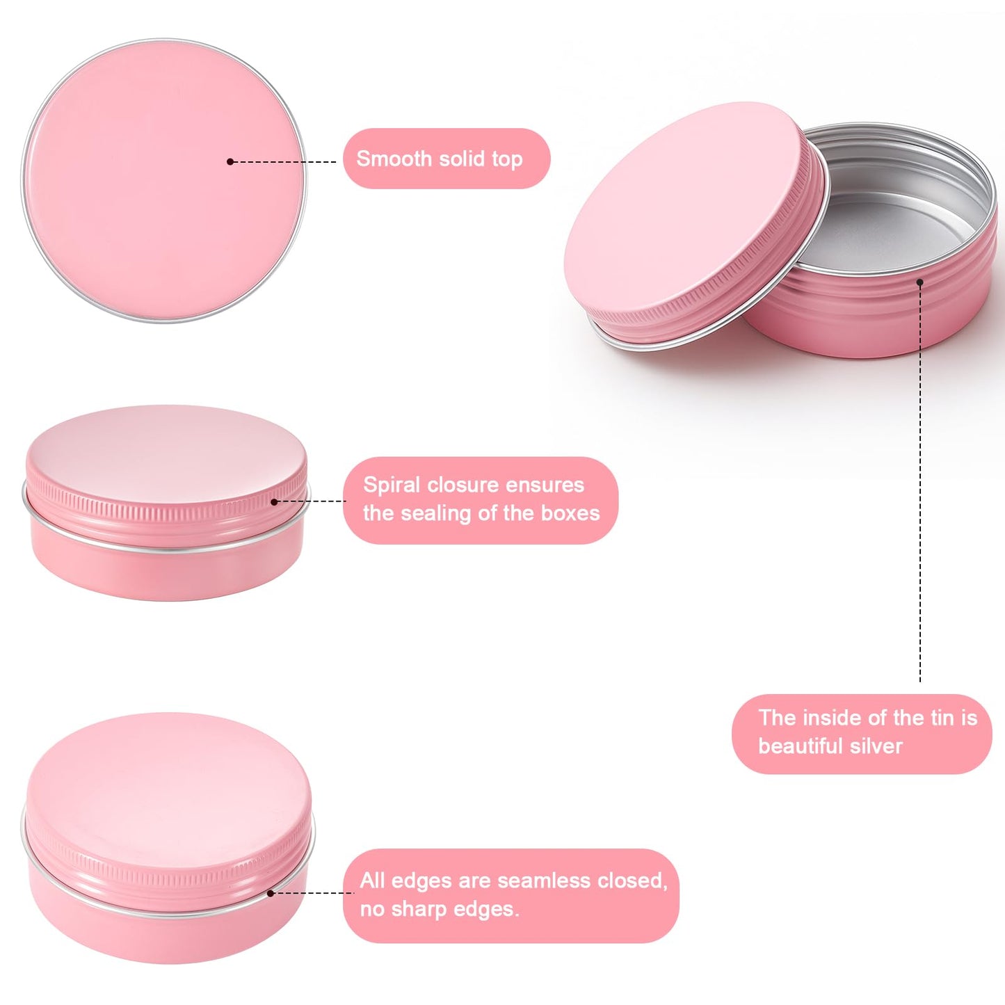 Patelai 2 oz Pink Metal Round Tins Aluminum Tin Cans Salve Tins Containers with Screw Lid 10 Sheets Stickers for Salve Spice Candies Balms Candles, 36 Pack (Classic Style)