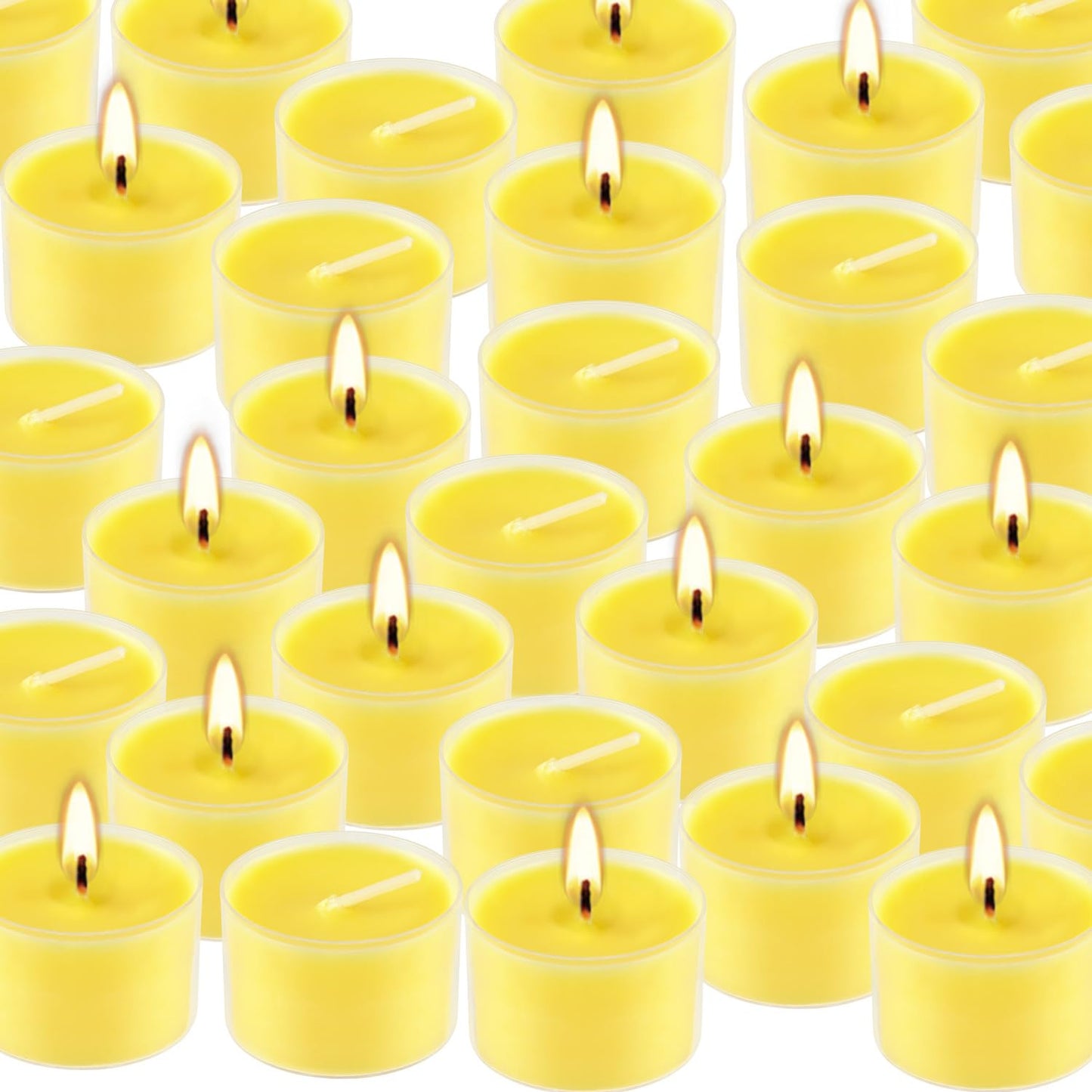 50 Pack Clear Tea Lights Candles Bulk, Summer Citronella Candle Outdoor and Indoor, for Birthday Emergency Home Garden(8 Hour, Yellow)