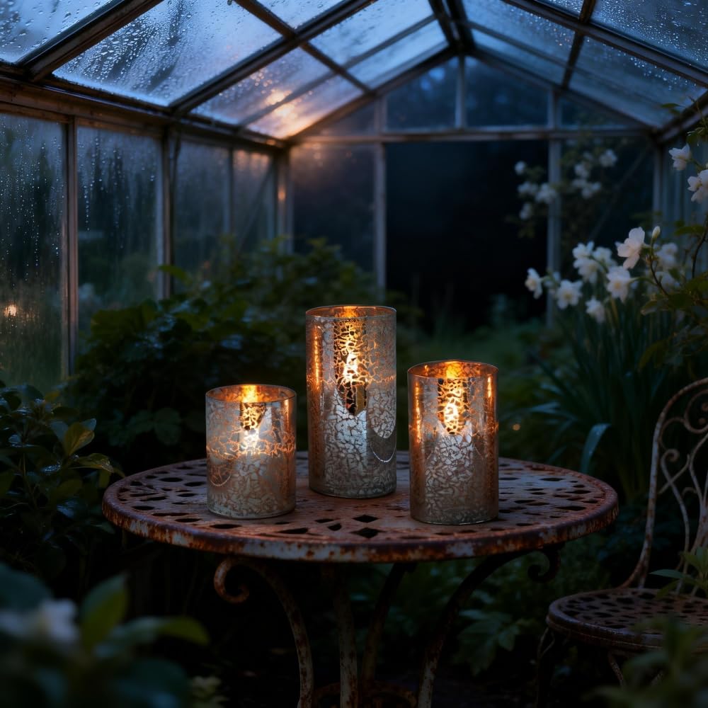 Silver Mercury Crackle Glass Flameless LED Pillar Candles Set of 3 – Warm White Flicker, Remote & Timer, Batteries Included, for Mother's Day, Spring Weddings, Home Decor & Romantic Ambiance
