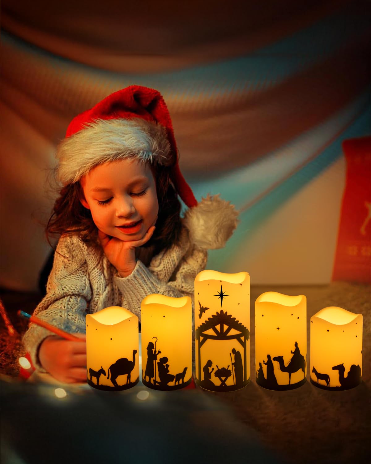 Glflickerow Christmas Nativity Scene Decorations Candle LED Flameless Candles with Timer for Xmas Holiday Home Decor Supplies Set of 5 (Beige)