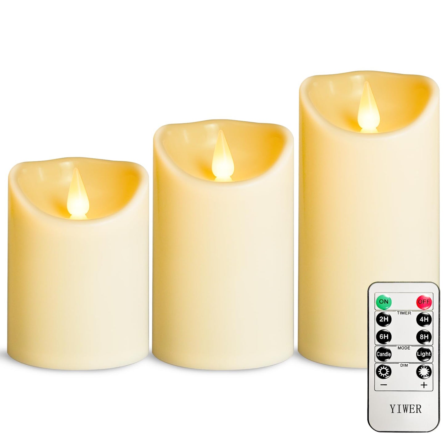 YIWER Plastic Flameless Battery Candles,Battery Powered LED Candle with Remote Control and Timer Electric Fake Flickering Light Pack of 3 D3 H4 5“6“