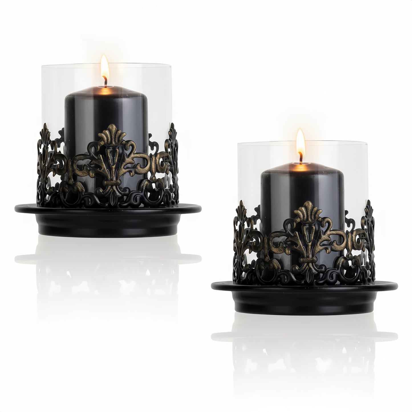 Woparty Vintage Gothic Glass Hurricane Candle Holders, Black Metal Base with Gold Accents, Clear Glass Sleeve, 4.3x4 Inch, Set of 2, for Pillar Candles