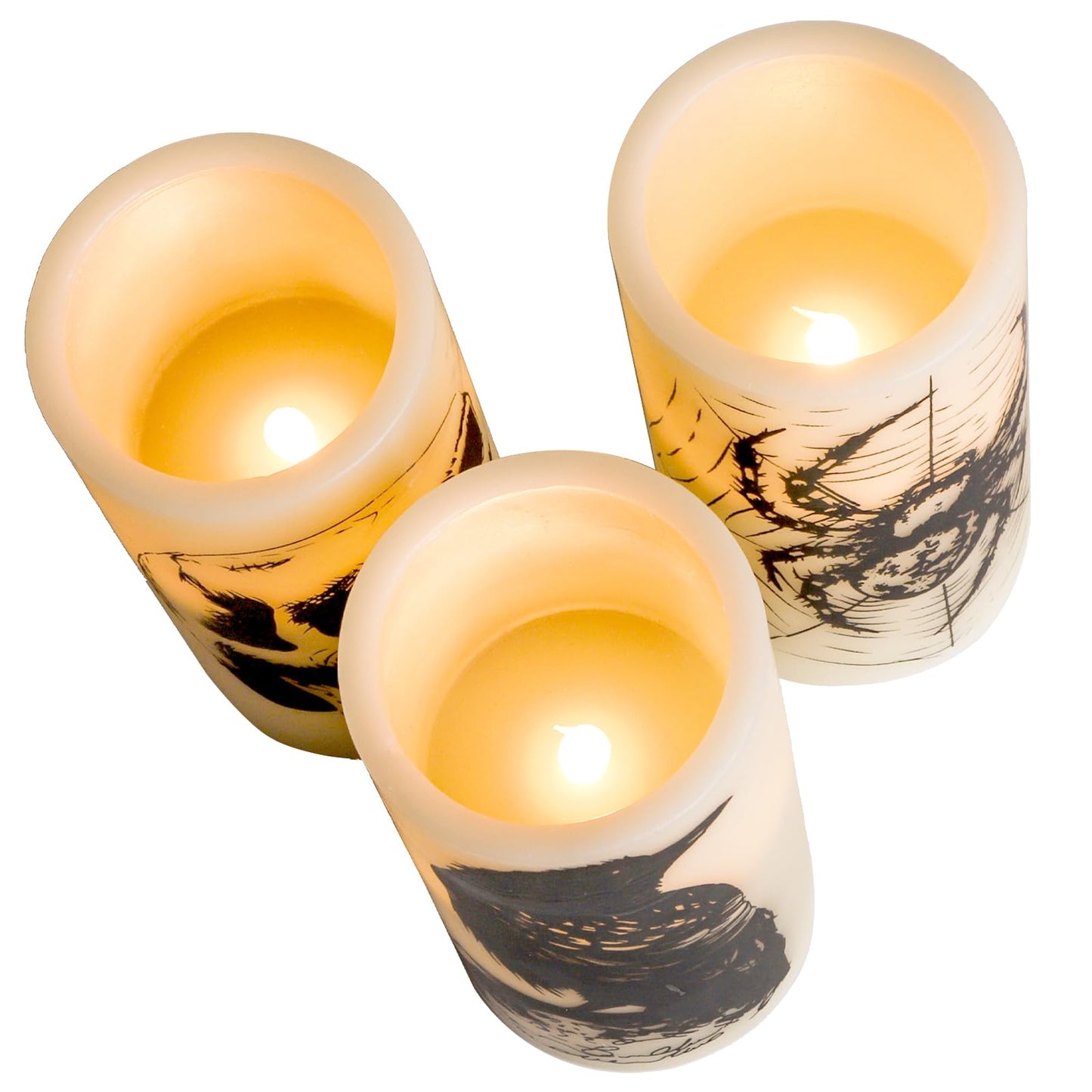 Hbaushun Halloween Flameless Candles LED Flickering Candles with Skull, Crow, Spider Web Decals,Battery Operated with 6 Hour Timer Halloween Decorations Horror Themed Candles(3 Pack, D3 x H6)