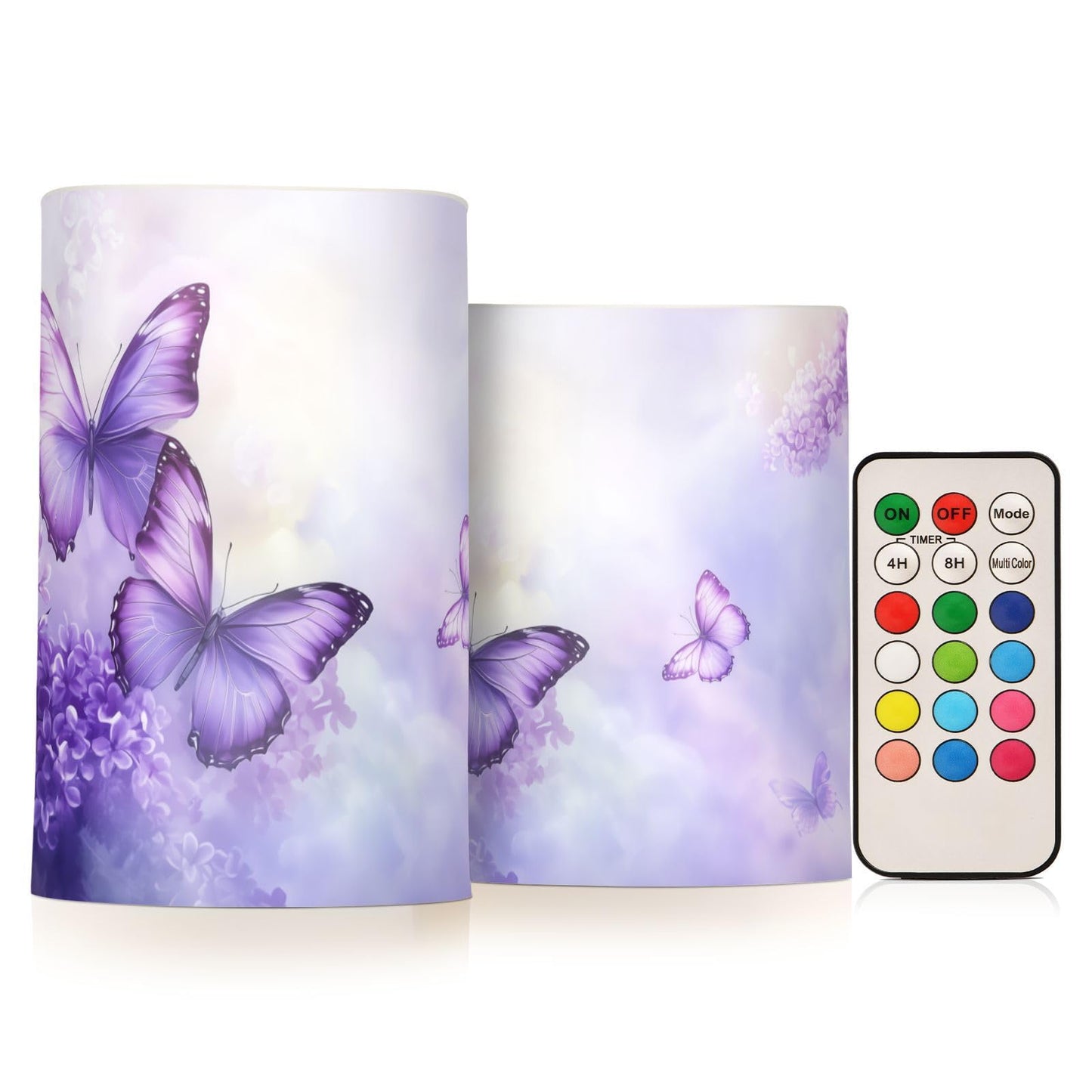 WEVIBOFU Purple Lilac Butterfly Flowers Flickering Flameless Candles LED Battery Operated with Remote Timer Pillar Candles for Home Birthday Wedding Christmas Decor, Set of 2