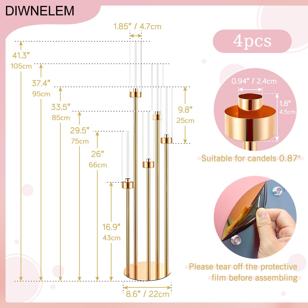 DIWNELEM 4 Pcs Gold Candelabra Centerpieces 5 Arm 42" Tall Metal Candle Holder Floor Candelabra Wedding Centerpieces Metal Candlestick Holders with Acrylic Removable Lampshade for Christmas Decoration