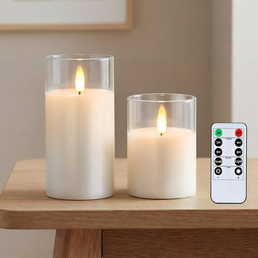 Amagic 3"x4"6" Clear Glass Flameless Candles Battery Operated with Timer, Remote Control, LED Pillar Candles, Battery Powered, Valentine's Day Decor, Pure White Wax, Set of 2
