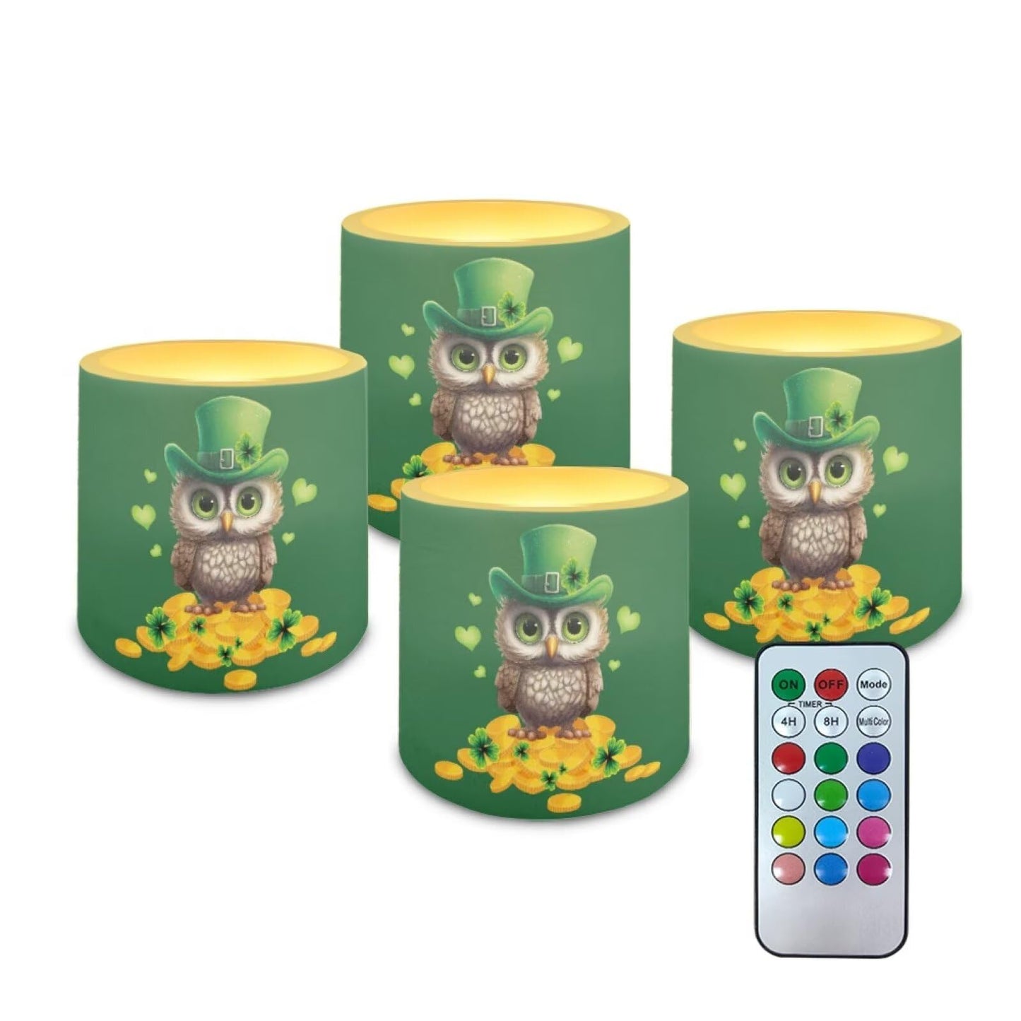 Merkmak 4 Pack Flickering Flameless Candles with Timer and Remote Battery Operated LED Candles St Paddy's Day Tea Lights for Party, Banquet, Home Decoration, Owl Gold Shamrocks Print