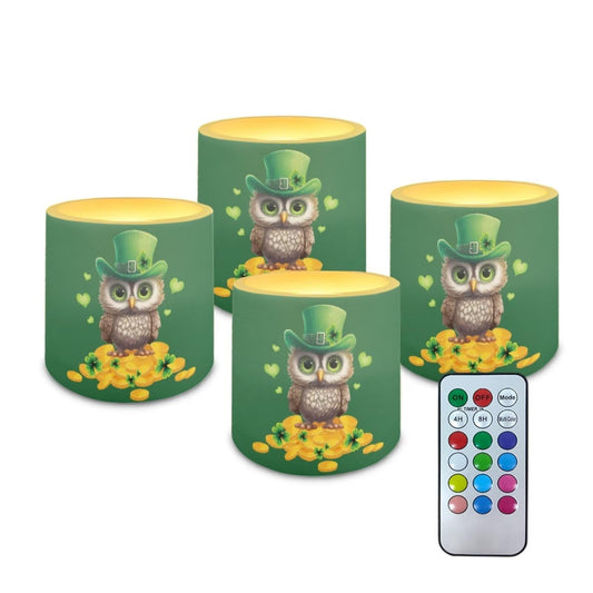 Merkmak 4 Pack Flickering Flameless Candles with Timer and Remote Battery Operated LED Candles St Paddy's Day Tea Lights for Party, Banquet, Home Decoration, Owl Gold Shamrocks Print
