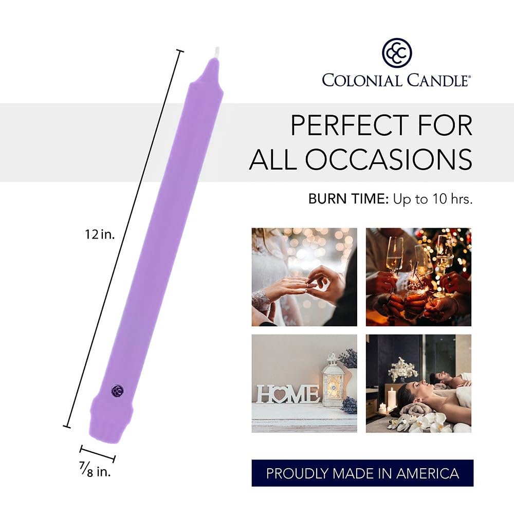 Colonial Candle Unscented Taper Candle, Classic Collection, Lilac, 12 in, Pack of 12 - Up to 10 Hours Burn