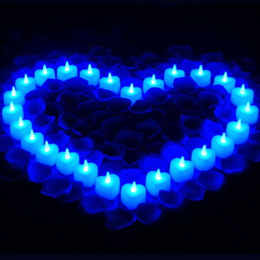 Honoson 1000 Pieces Artificial Rose Petals with 24 Pcs Flameless Heart Shaped LED Tealights Candles Special Romantic Night Decorations for Proposal Wedding Anniversary Table Decor(Blue)