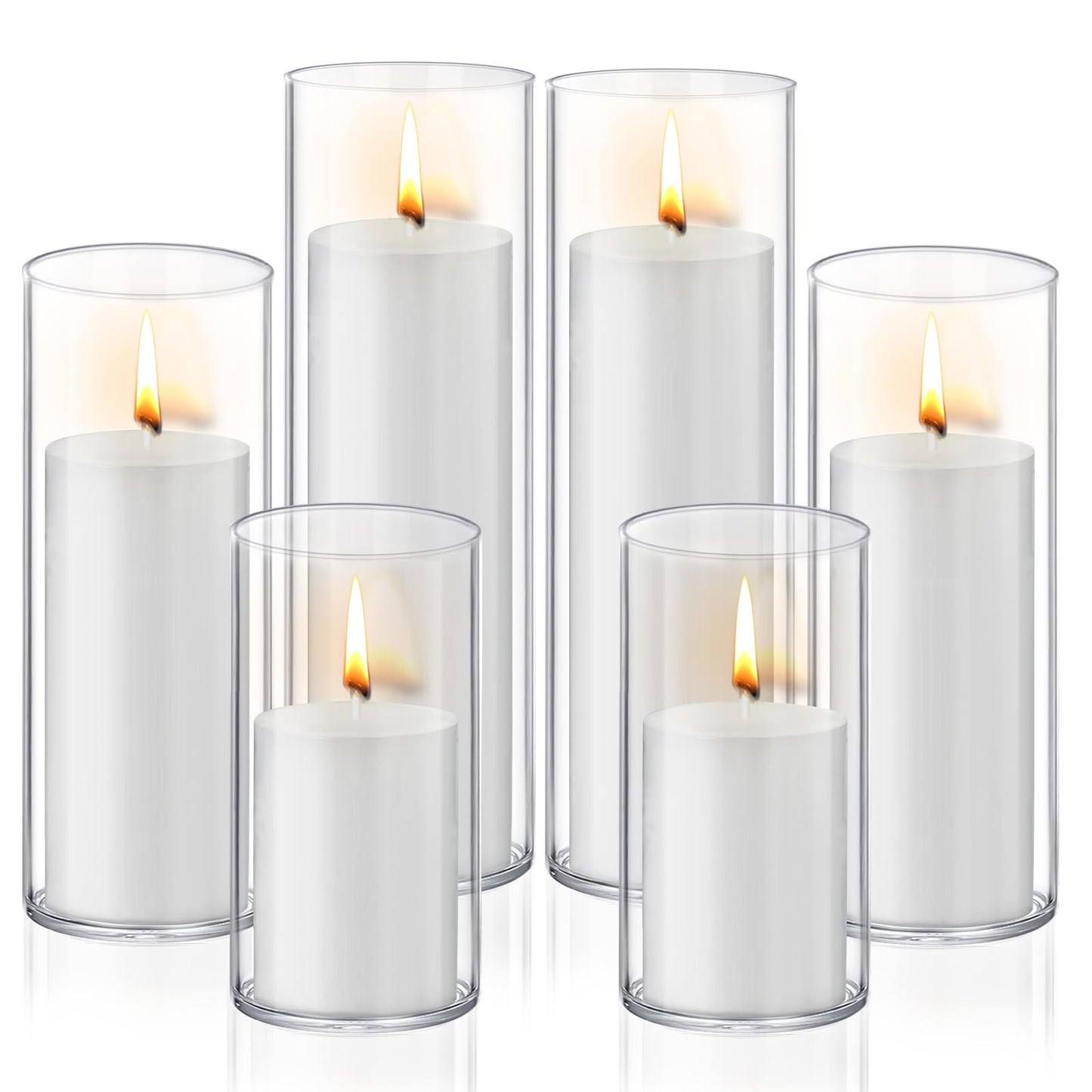 Homjoy 12 PCS White Pillar Candles with Glass Candle Holders Clear Hurricane Candle Holders Glass Cylinder Vases for Centerpieces Wedding Party, Event, Home Office (6 Candles+6 Candle Hoders)
