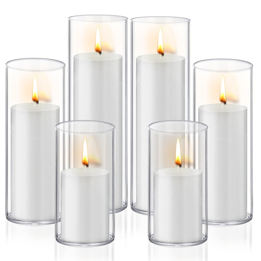 Homjoy 12 PCS White Pillar Candles with Glass Candle Holders Clear Hurricane Candle Holders Glass Cylinder Vases for Centerpieces Wedding Party, Event, Home Office (6 Candles+6 Candle Hoders)