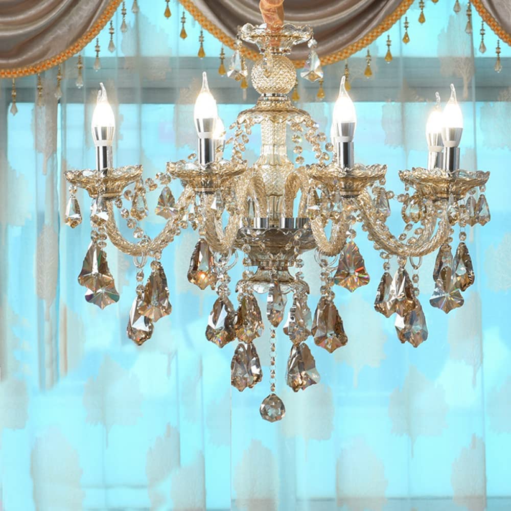 Durahonn Modern K9 Crystal Chandelier Cognac 6 Lights, E12 Base Candle Crystal Pendant Lighting Fixture, Elegant Crystal Ceiling Light for Dinning Living Room Bedroom Hallway (6 Lights)
