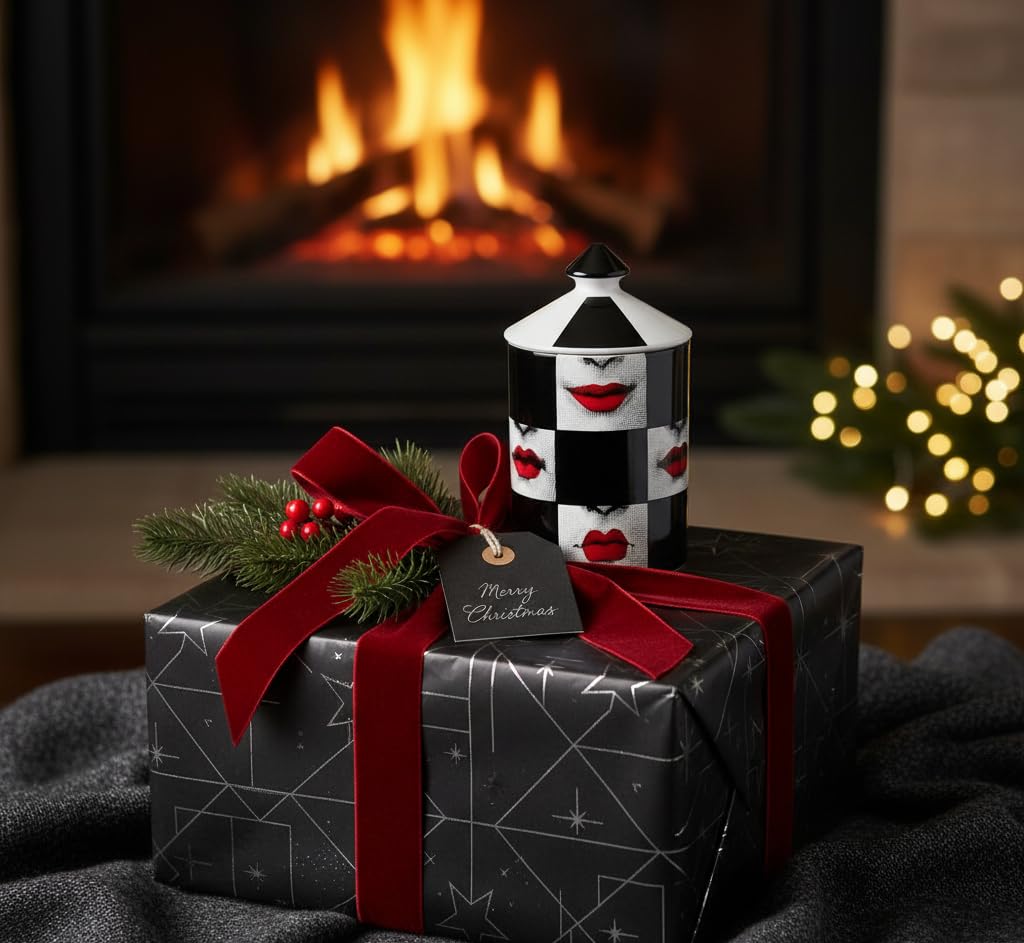 AlphaDesignLuxe Decorative Candle Holder Handcrafted Aromatherapy Candle Jar Italian Designer Décor Fashionable Tabletop Vase Modern Art Female Face Eyes Lips Centerpiece. (Red Lips Black Squares)