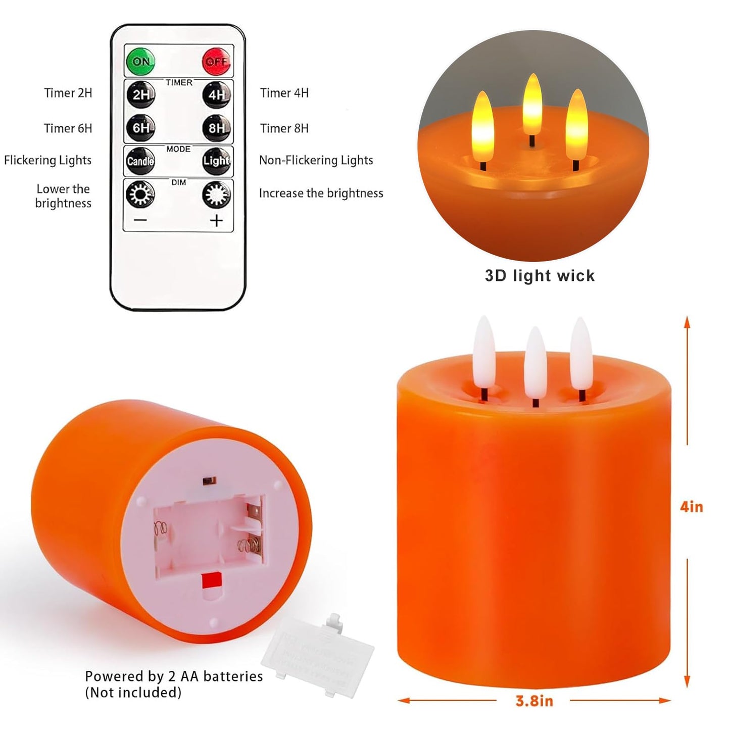 Large 3 Wick Flameless Candles, 4"x4" Flickering LED Candles with Remote & Timer, Dimmable Real Wax Pillar Candles Battery Operated, Orange Candles for Fall Thanksgiving Halloween Decor (Orange)